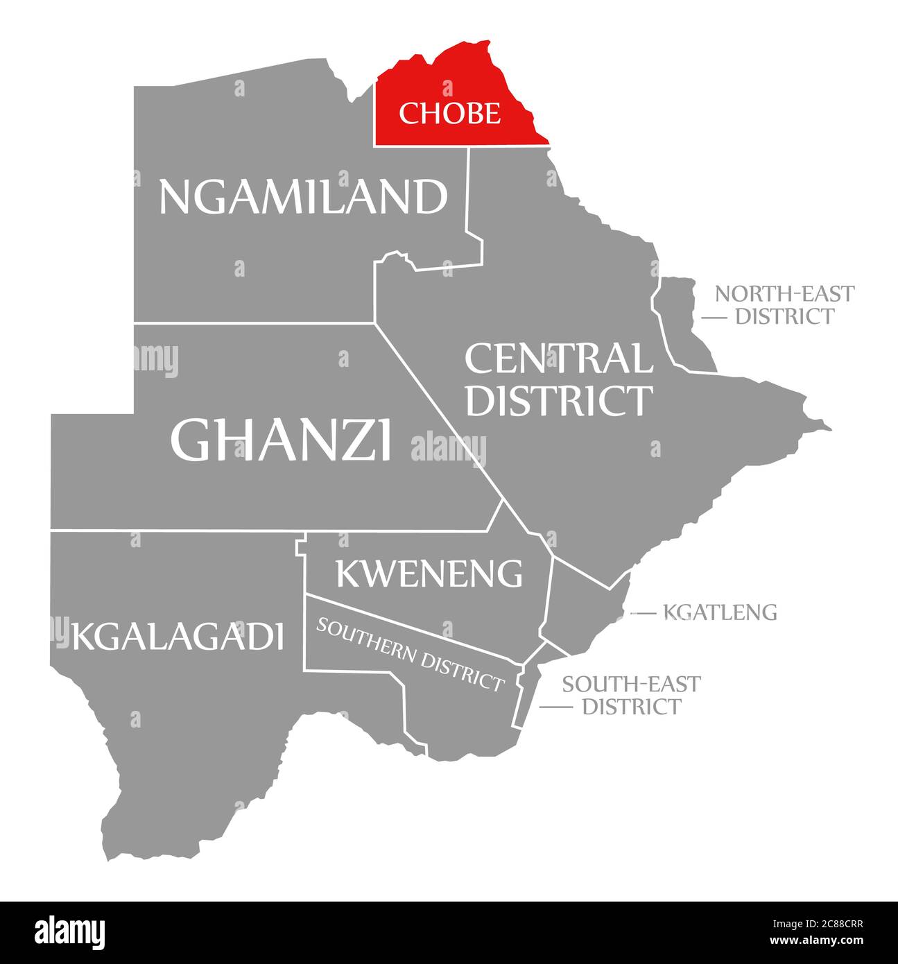 Rosso Chobe evidenziato sulla mappa del Botswana Foto Stock
