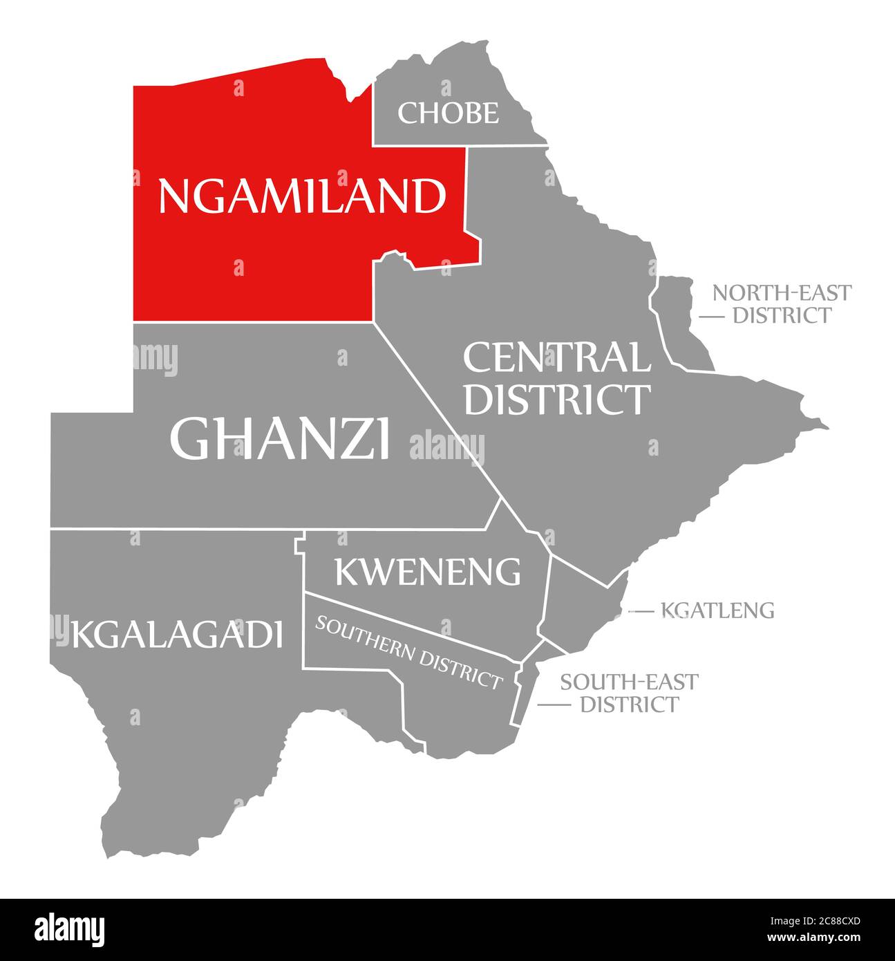 Ngamiland rosso evidenziato sulla mappa del Botswana Foto Stock