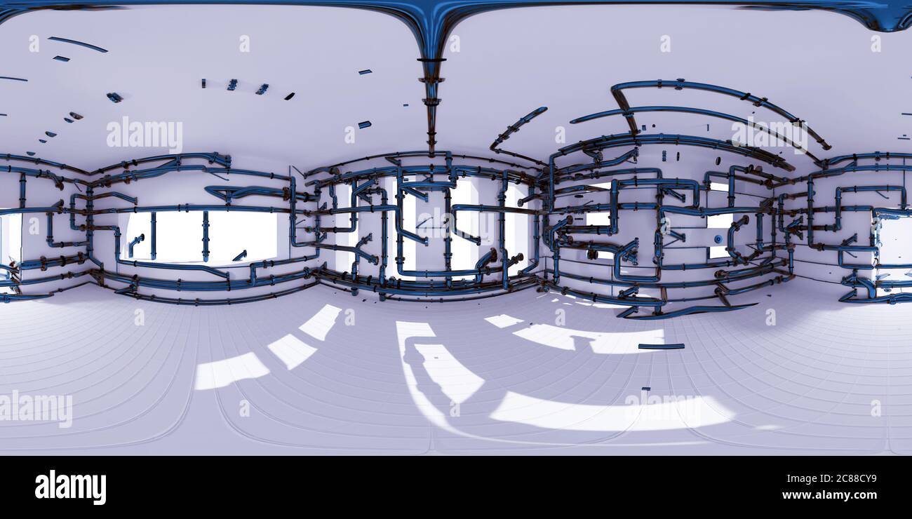 Mappa HDRI 4K, sfondo panoramico dell'ambiente sferico, stanza con tubi, rendering della sorgente di luce interna (rendering equirettangolare 3d) Foto Stock