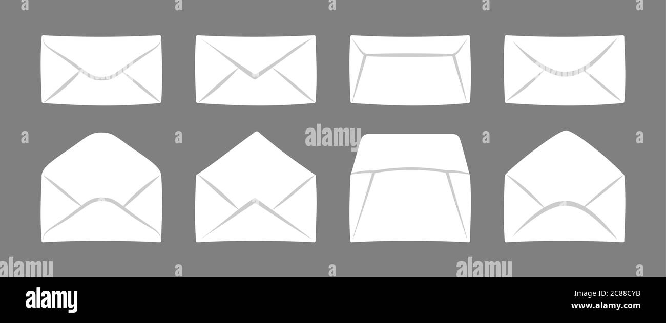 Set di buste mockup. Coperchio della carta aperto e chiuso. Buste per cartoni animati cartoni per lettere. Newsletter, consegna di corrispondenza o documenti di ufficio. Illustrazione vettoriale isolata Illustrazione Vettoriale