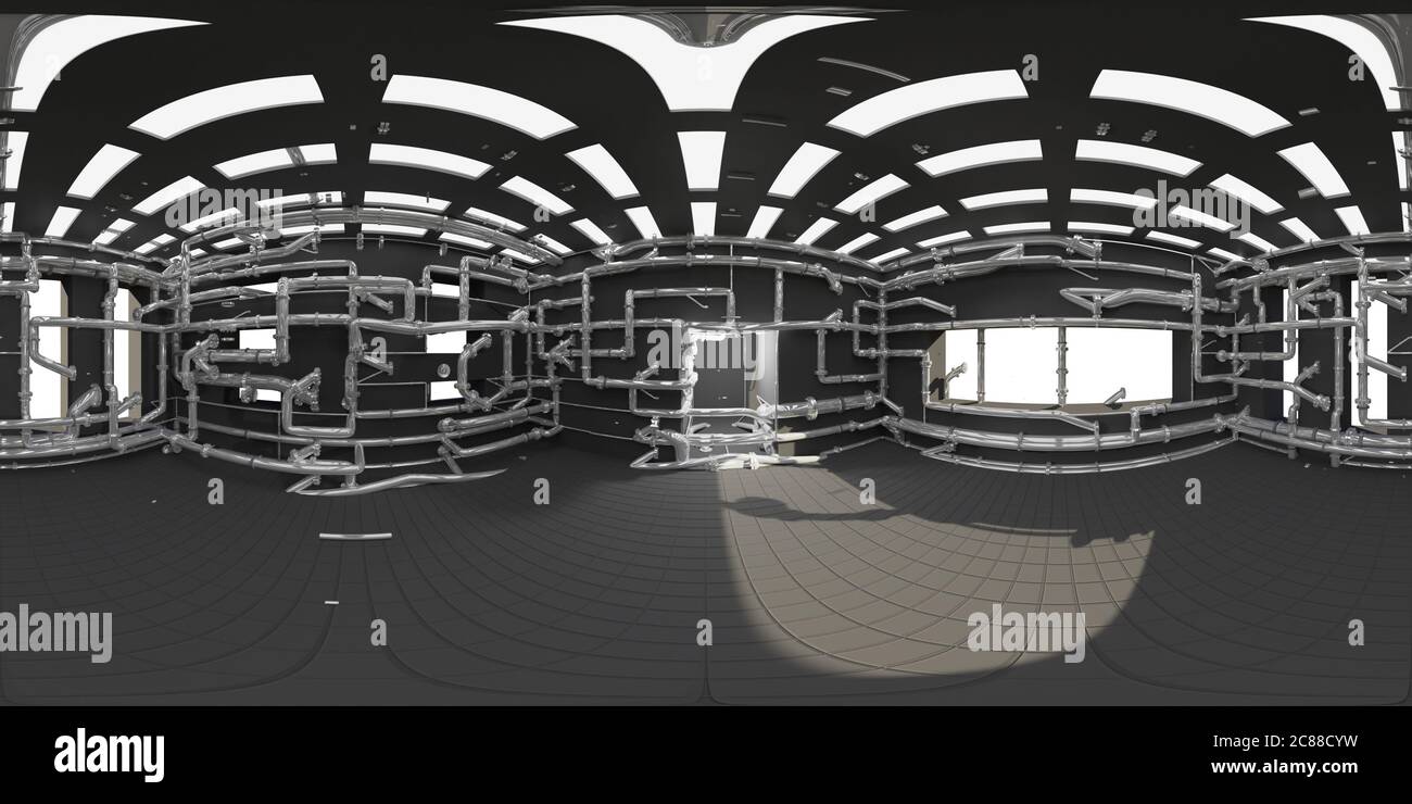 Mappa HDRI 4K, sfondo panoramico dell'ambiente sferico, stanza con tubi, fonte di luce interna ad alto contrasto (rendering equirettangolare 3d) Foto Stock