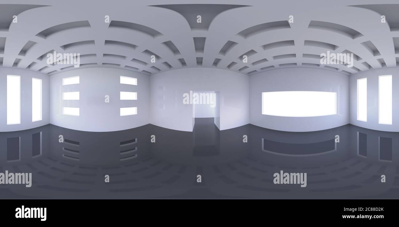 Mappa HDRI 8K, sfondo panoramico dell'ambiente sferico, rendering astratto della sorgente luminosa interna ad alto contrasto (rendering equirettangolare 3d) Foto Stock