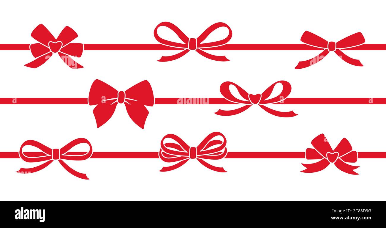 Nastro rosso decorato con set di silhouette a archi. San Valentino, matrimonio o Natale decorato nastro archi. Elementi di disegno di cartone animato per il presente, la celebrazione, le congratulazioni. Illustrazione vettoriale isolata Illustrazione Vettoriale