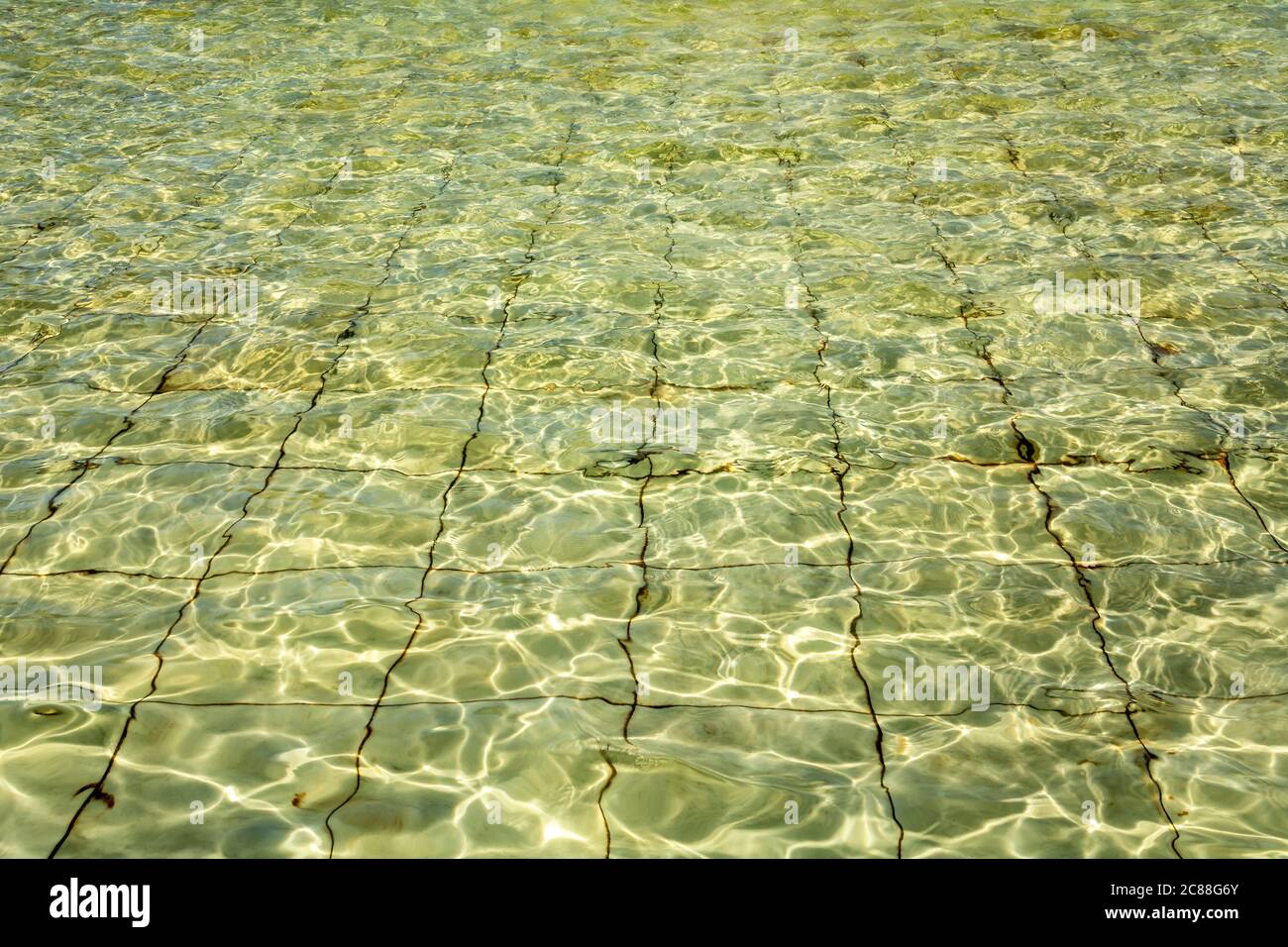 Fondo di una piscina poco profonda è illuminato dal sole, uno sfondo interessante Foto Stock