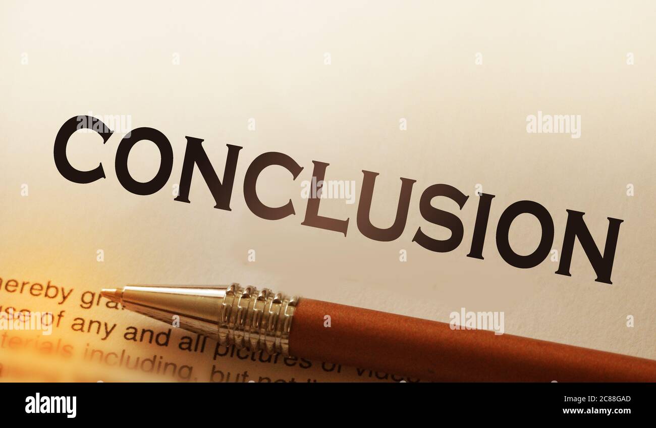 Conclusione del testo di scrittura di parola. Concetto aziendale. Breve descrizione dei punti principali Foto Stock