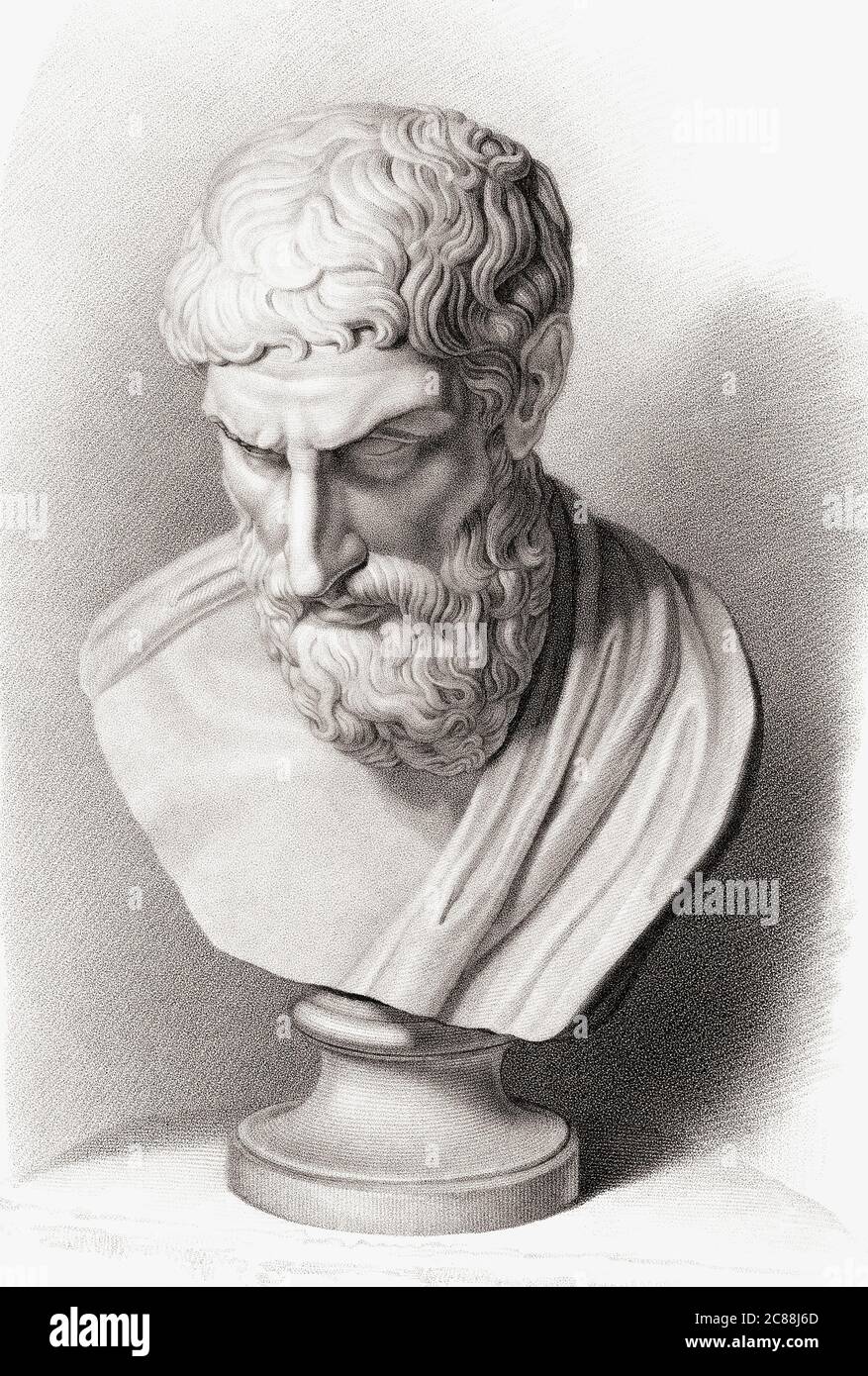 Epicurus, 341–270 a.C. Antico filosofo greco e fondatore della scuola di filosofia chiamata epicurismo. Dopo un lavoro di W.M. Craig dal busto romano del III secolo nel Museo Archeologico Nazionale di Napoli, che è una copia di un originale greco. Foto Stock