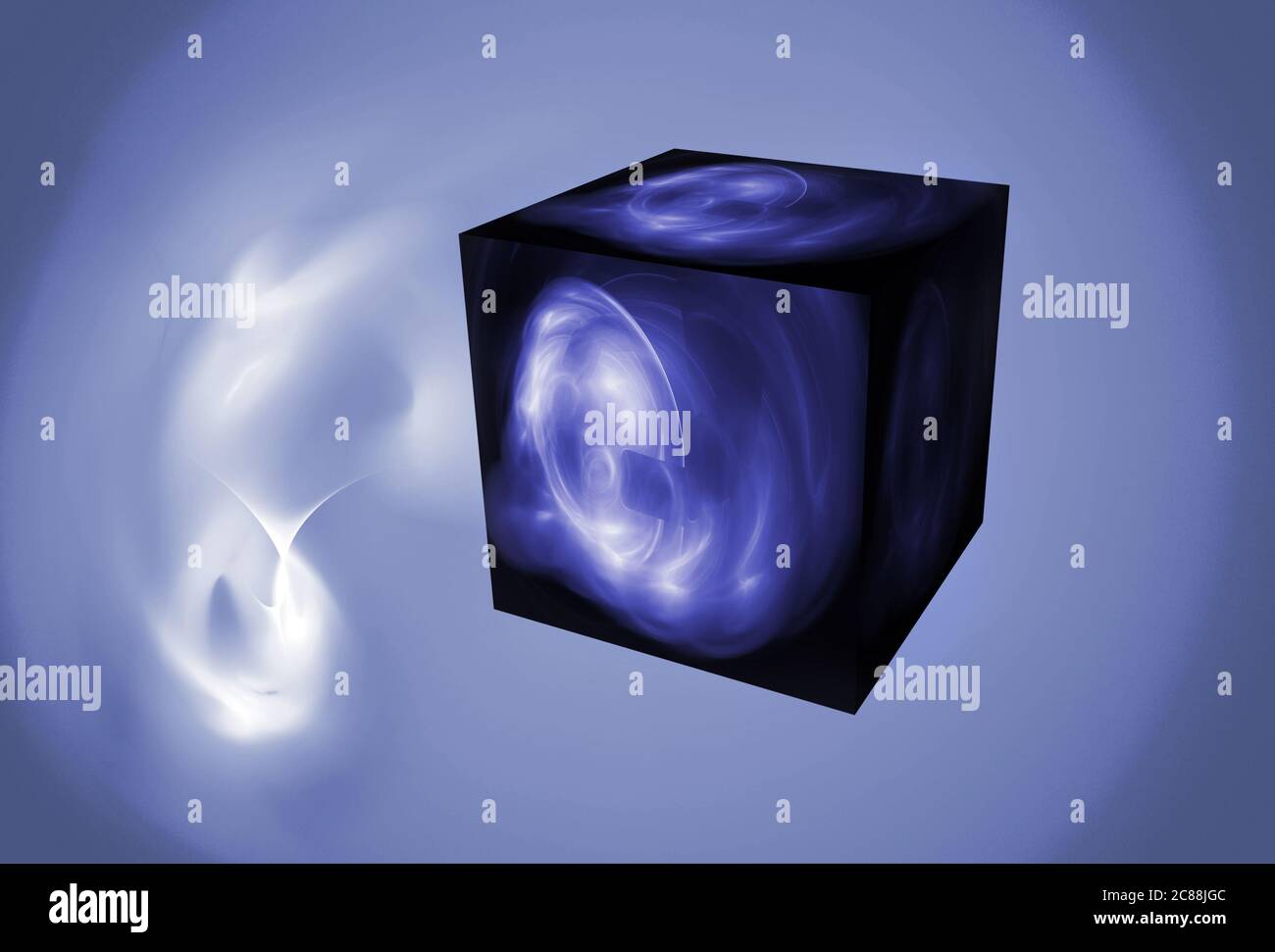 Fractals, un mistico cubo 3D nero su sfondo blu Foto Stock