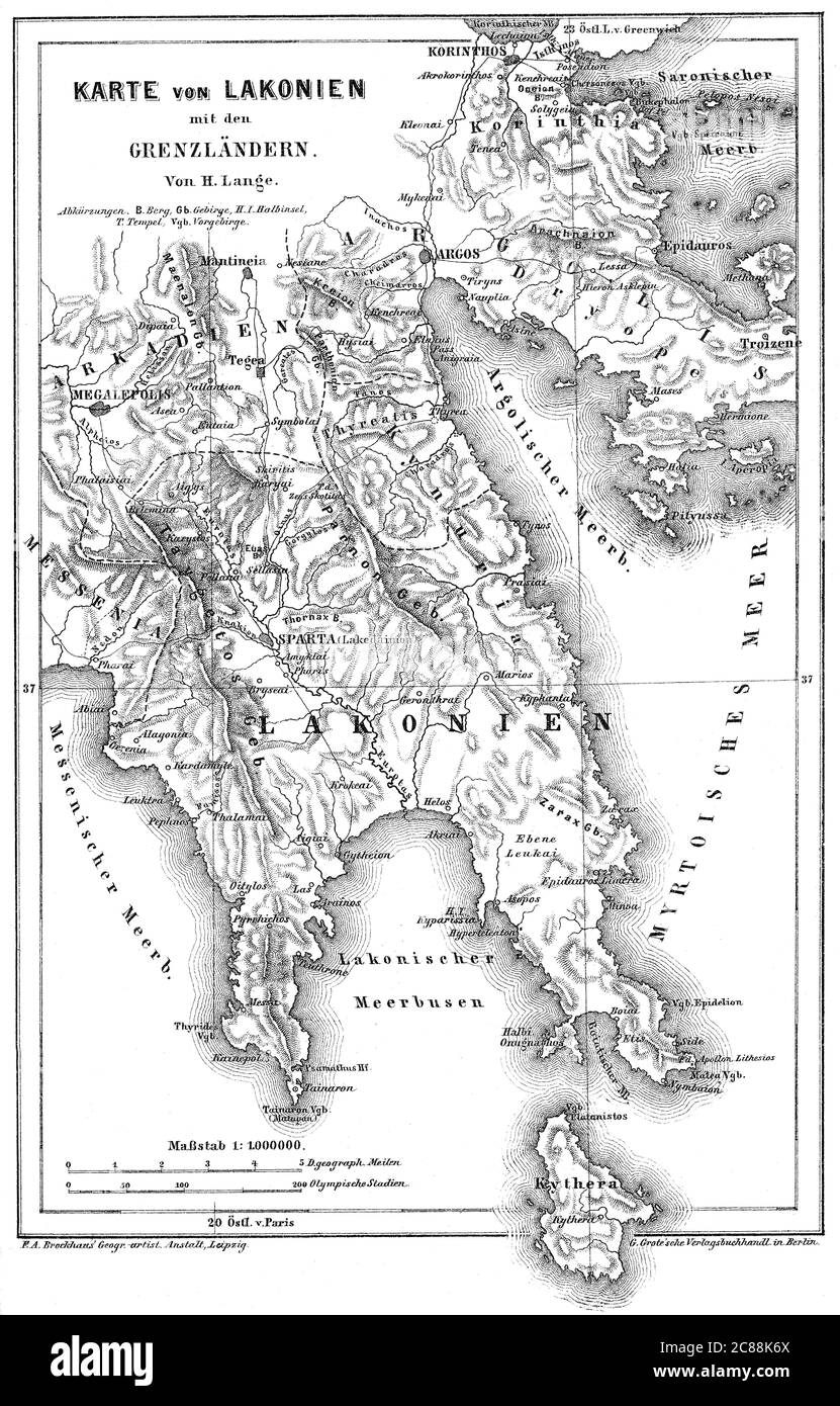 Mappa di Laconia, una regione storica e amministrativa della Grecia Foto Stock