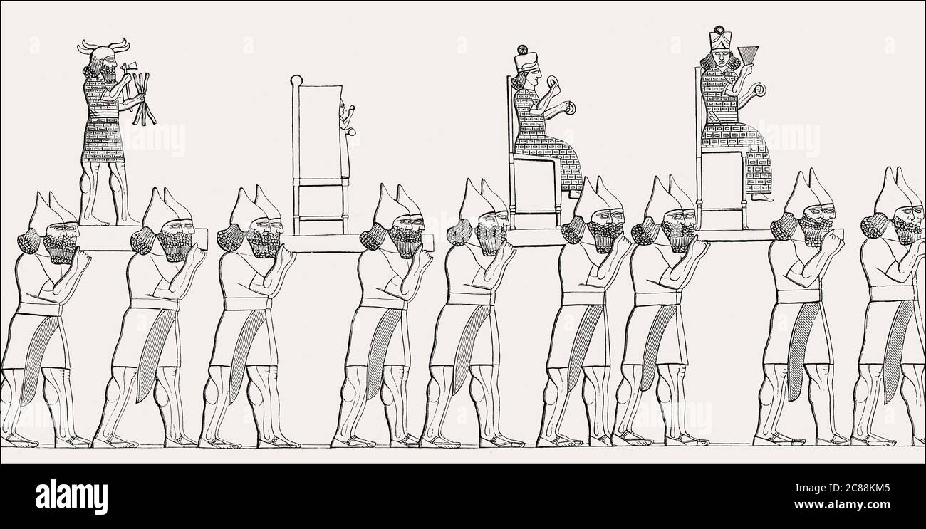 Processione con le figure degli dei, Impero neo-assiro Foto Stock