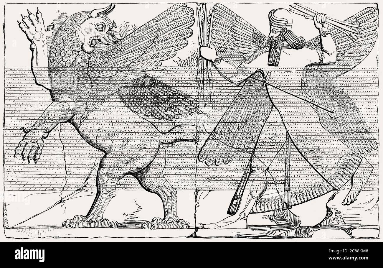 Marduk combatte con il drago per salvare l'umanità dal male, sollievo da Nimrud, Iraq Foto Stock