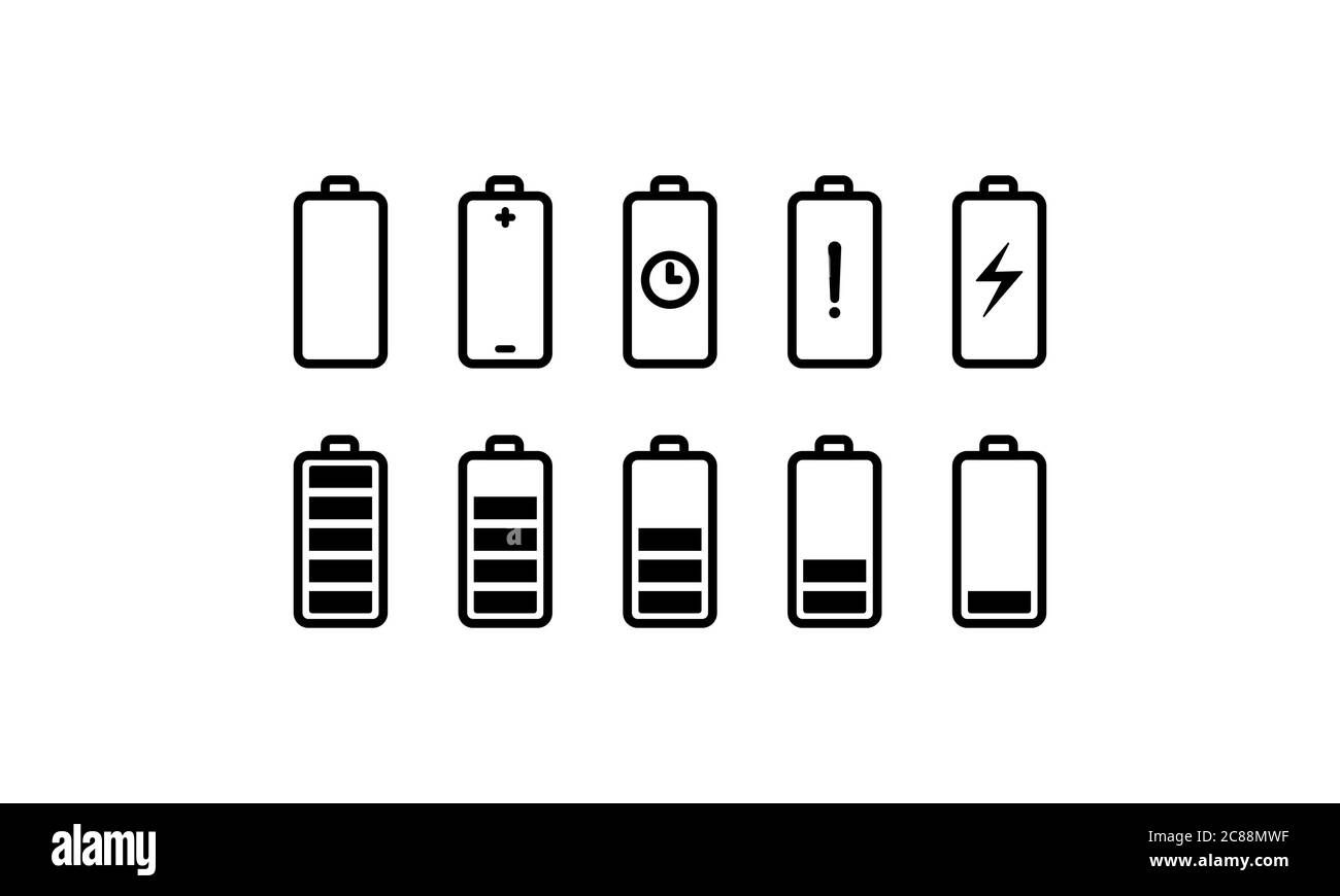 Batteria con diversi livelli di carica, icone impostate. Vettore su sfondo bianco isolato. EPS 10. Illustrazione Vettoriale