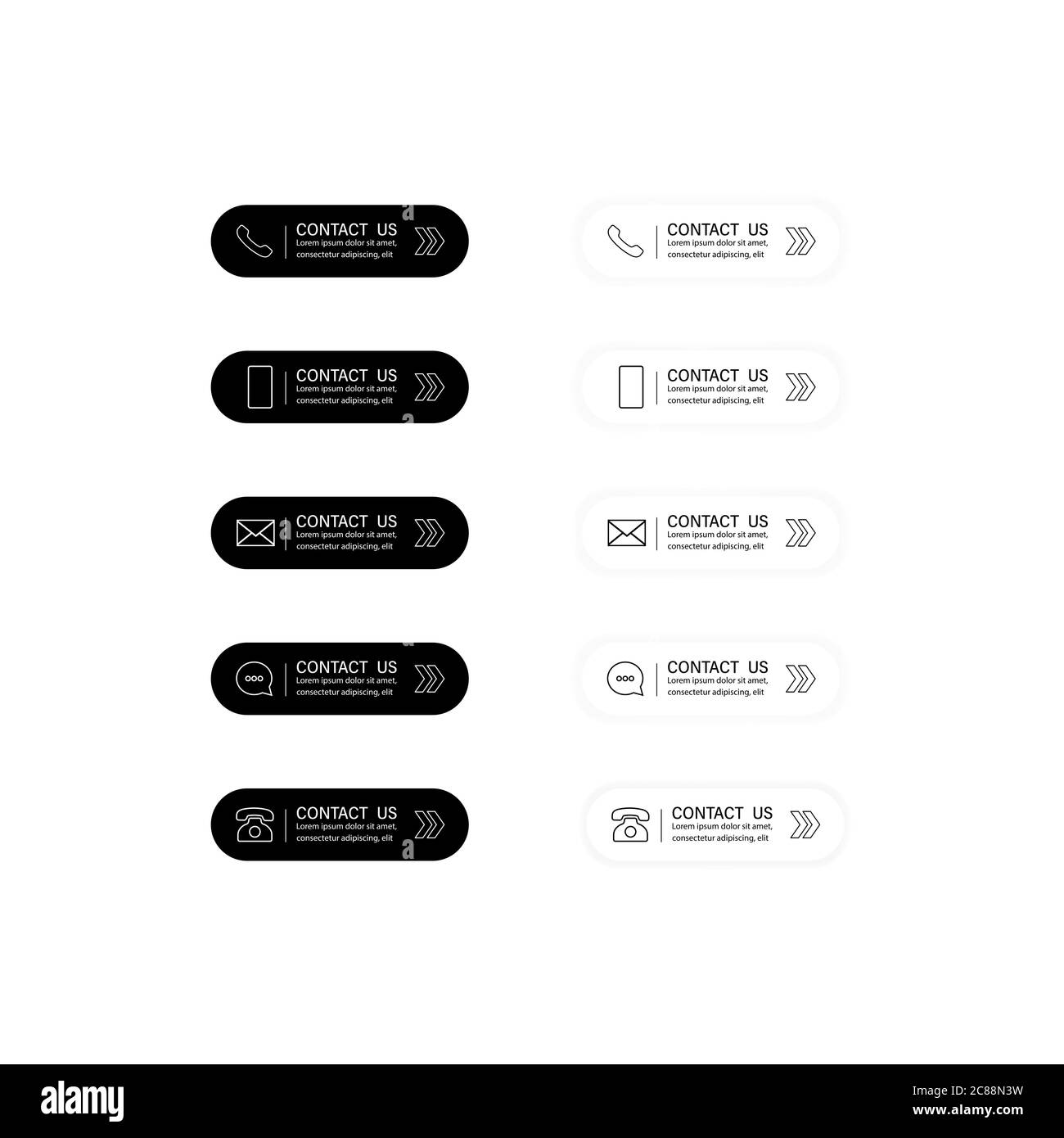 Set di pulsanti bianchi e neri contattaci. Set di simboli di comunicazione per il design del sito Web, il logo, l'app, l'interfaccia utente. Vettore su sfondo bianco isolato. EPS Illustrazione Vettoriale