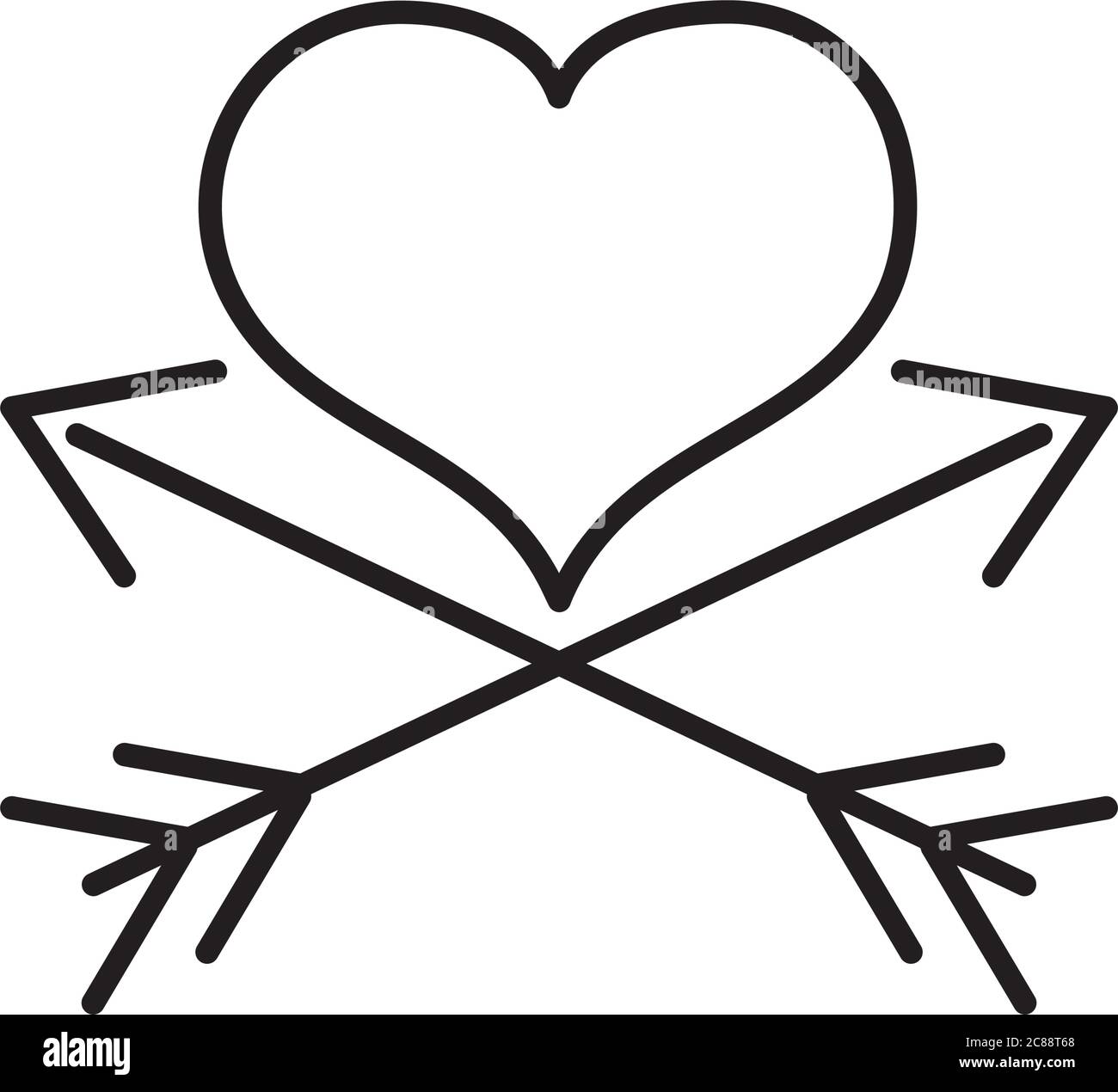frecce incrociate e icona del cuore su sfondo bianco, stile della linea, illustrazione vettoriale Illustrazione Vettoriale