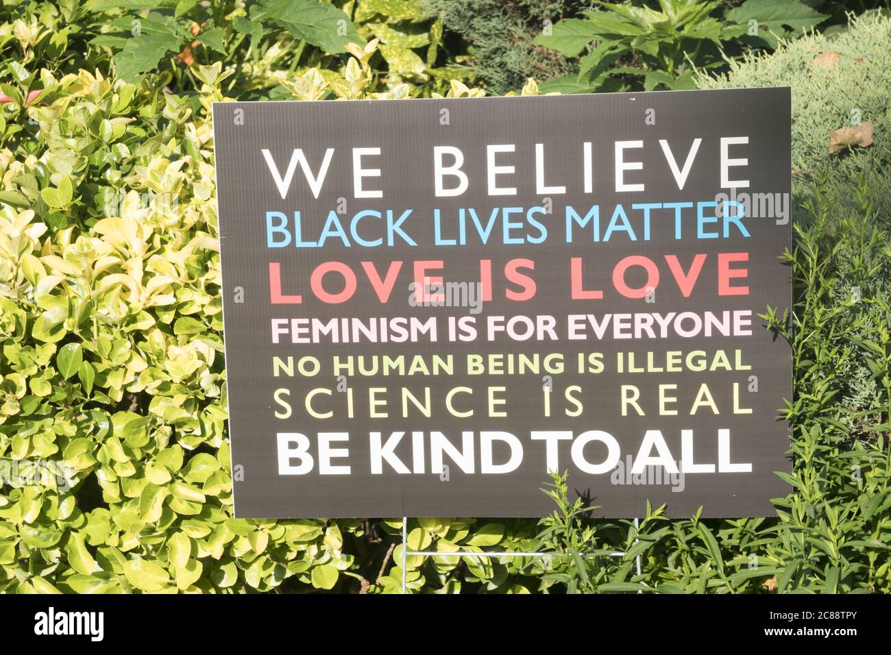 Segno sul prato anteriore di una casa di famiglia che esprime le loro credenze sociali che sostengono il movimento 'Black Live Matter'. Residential Street, Brooklyn, New York Foto Stock