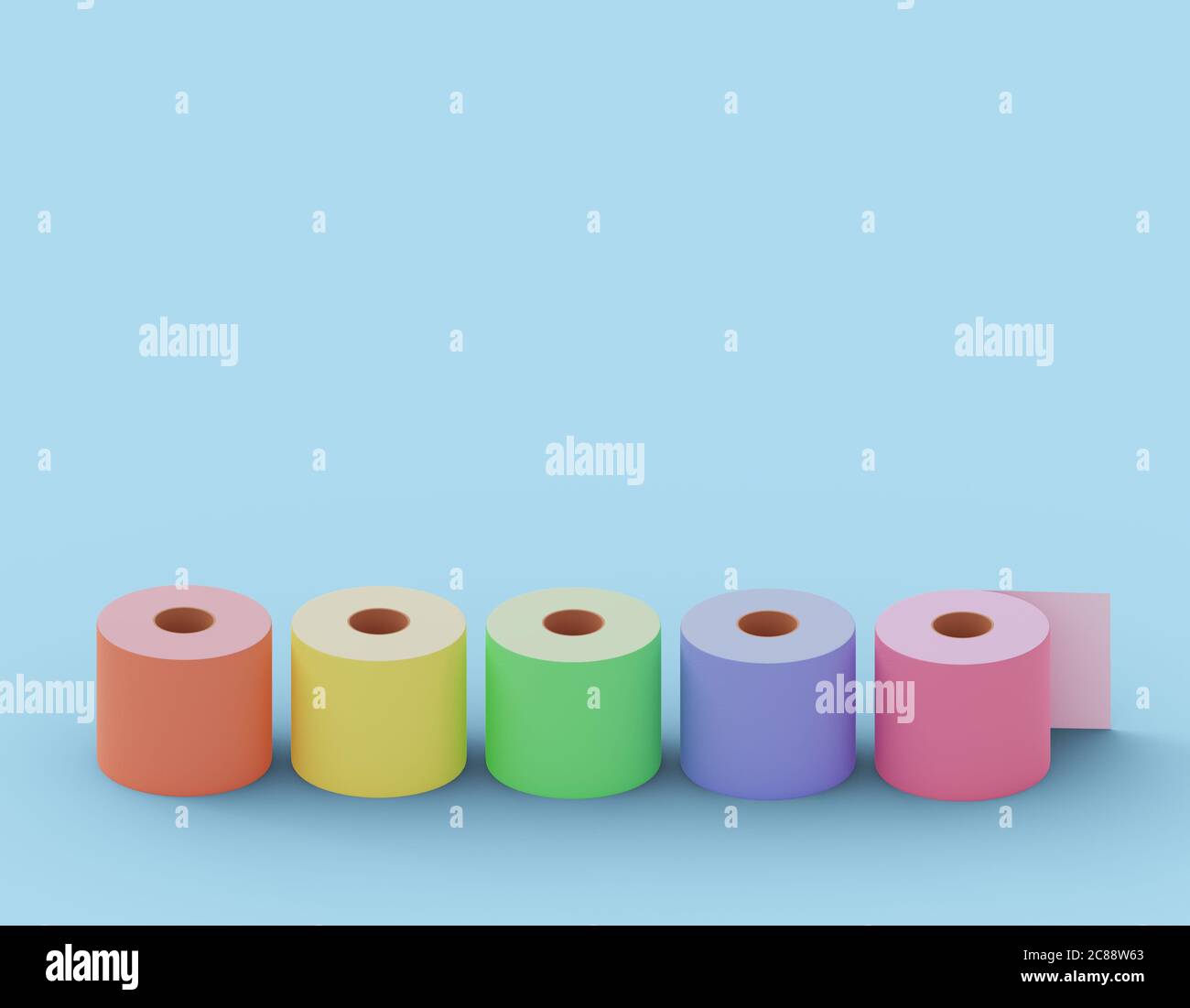 Semplici rotoli di carta igienica multicolore su sfondo blu, posto per i testi. illustrazione 3d Foto Stock