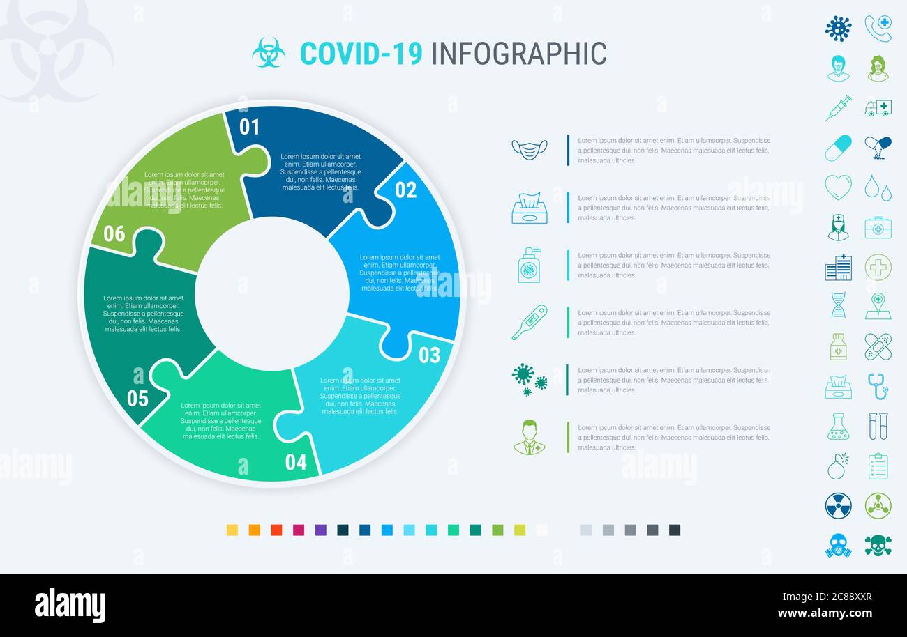 Modello infografico modulare con coronavirus con 6 passaggi. Covid-19 diagramma colorato, timeline e programma isolati su sfondo chiaro. Illustrazione Vettoriale