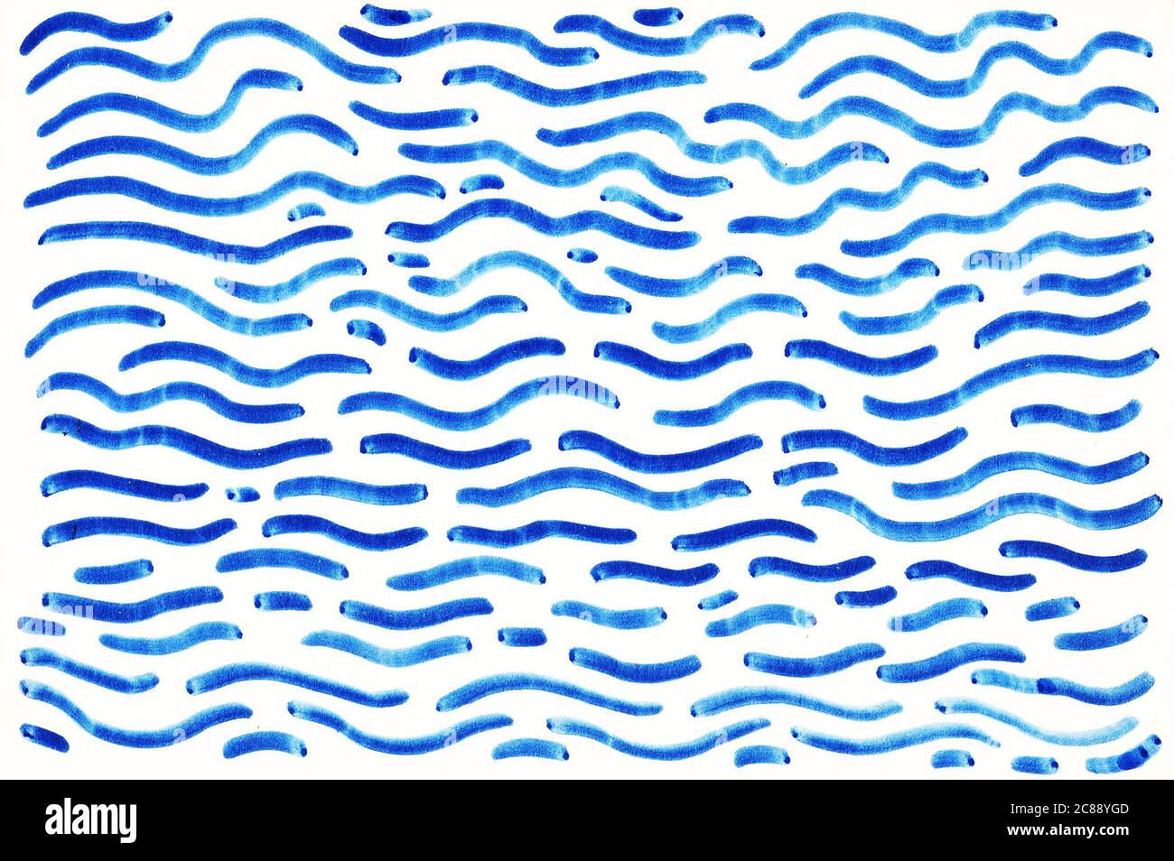 Onde e linee blu - sfondo disegnato a mano. Elemento raster per schede, web-design e decorazione. Grafica semplice e minimalista Foto Stock