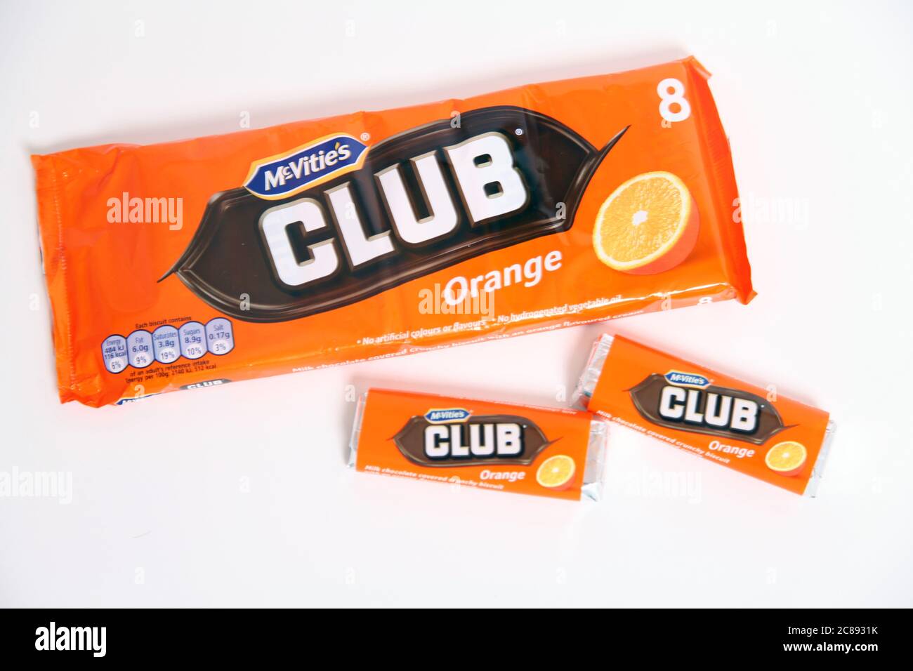 McVities Club Chocolate Bar, sapore arancione, su bianco Foto Stock