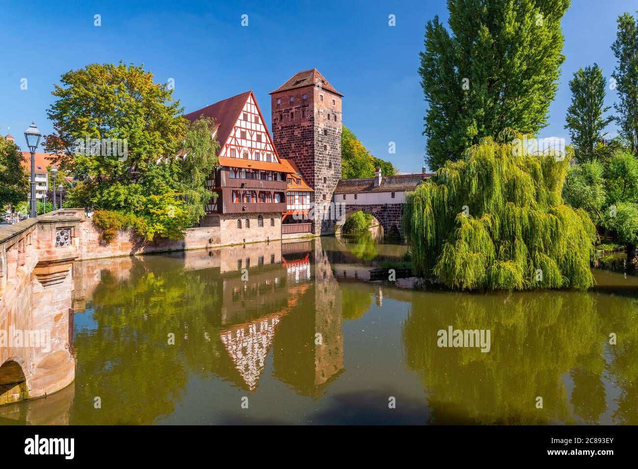 Ponte dei carnefici a Norimberga, Germania, sul fiume Pegnitz. Foto Stock