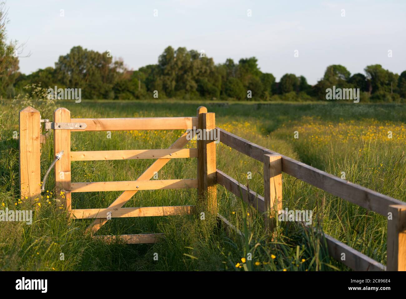 Una recinzione e cancello in Cornmill Meadow, River Lee Country Park, Waltham Abbey, Essex Foto Stock