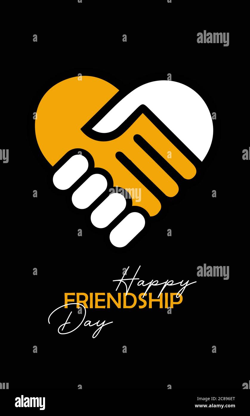 Buon giorno di amicizia. Design con biglietto d'auguri e silhouette stretta di mano per eventi speciali. Isolato su sfondo nero. Foto Stock