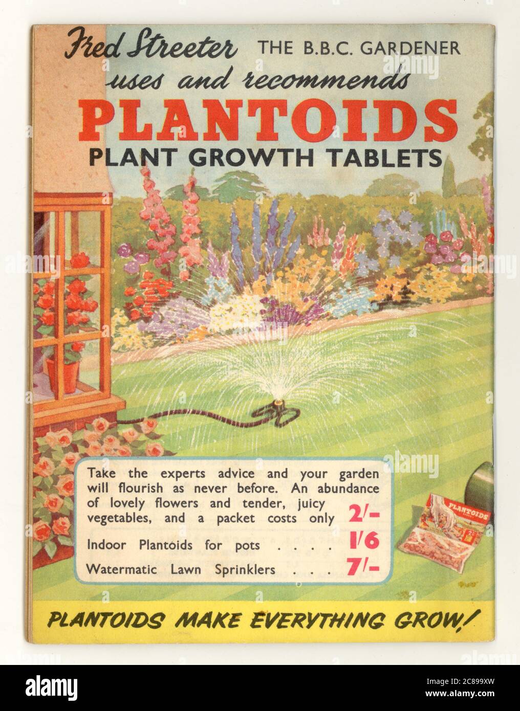 Reverse of 1950's Woolworth's catalogo di giardinaggio, promuovendo Plantoids fertilizzanti Regno Unito Foto Stock