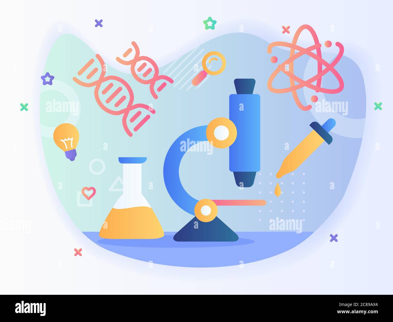 Microscopio vicino tubo di pipetta chimico atomo dna icona scienza concetto di ricerca con stile piatto Illustrazione Vettoriale