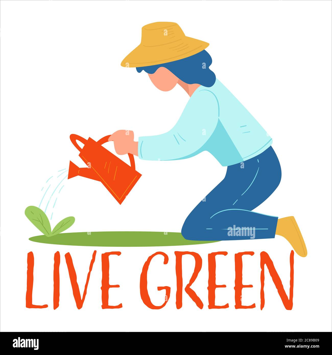 Donna verde vivo che fa giardinaggio piante o fiori crescenti Illustrazione Vettoriale