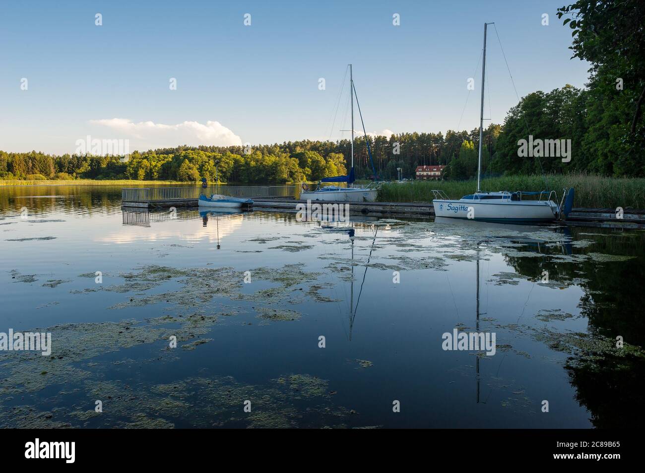 Lago di Pluszne, Mierki, Gmina Olsztynek, nella contea di Olsztyn, Voivodato Warmiano-Masuriano, nella Polonia settentrionale Foto Stock