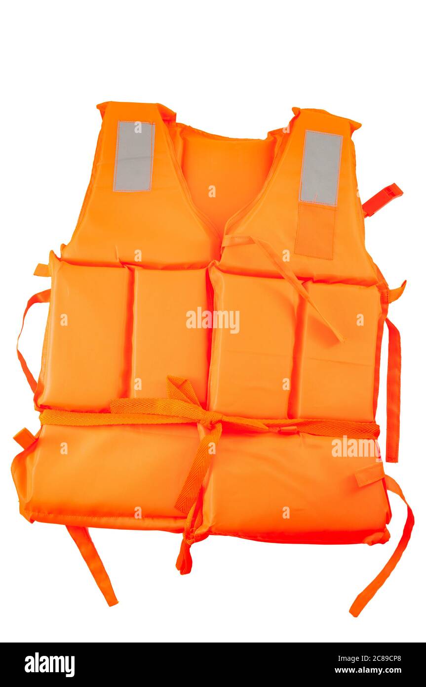 Attrezzatura di sicurezza marittima, dispositivo di galleggiamento e concetto di attività acquatiche con giacca di salvataggio arancione isolata su sfondo bianco con un taglio di percorso a clip Foto Stock
