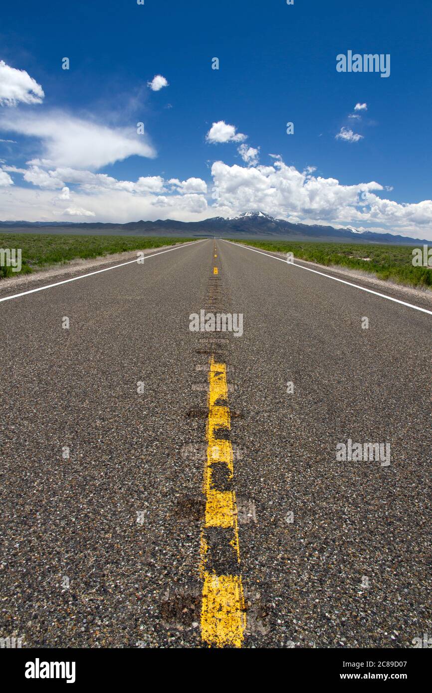 Vista prospettica bassa che guarda verso il centro sulla strada statale 93 nel Paese Basin e Range del Nevada Foto Stock