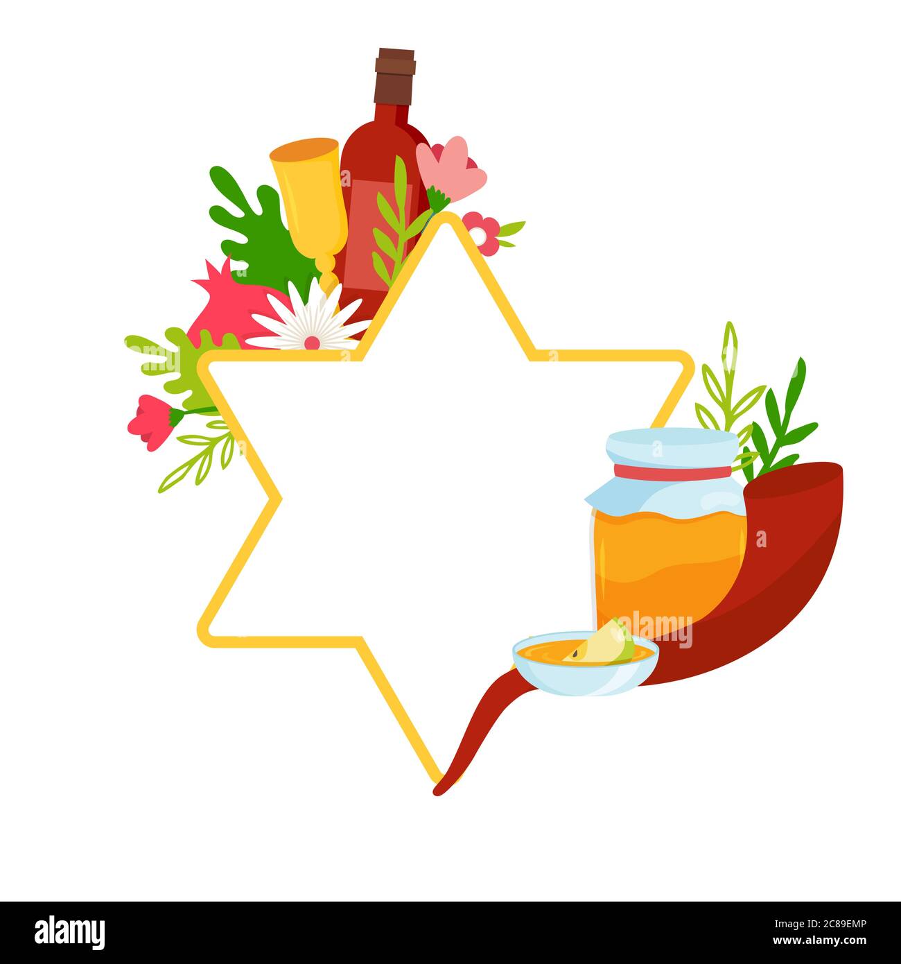 Biglietto d'auguri con simboli di festa ebraica Rosh Hashana, Capodanno. Shana Tova - Benedizione della stella di Felice Anno Nuovo. con i simboli di rosh hashana Illustrazione Vettoriale