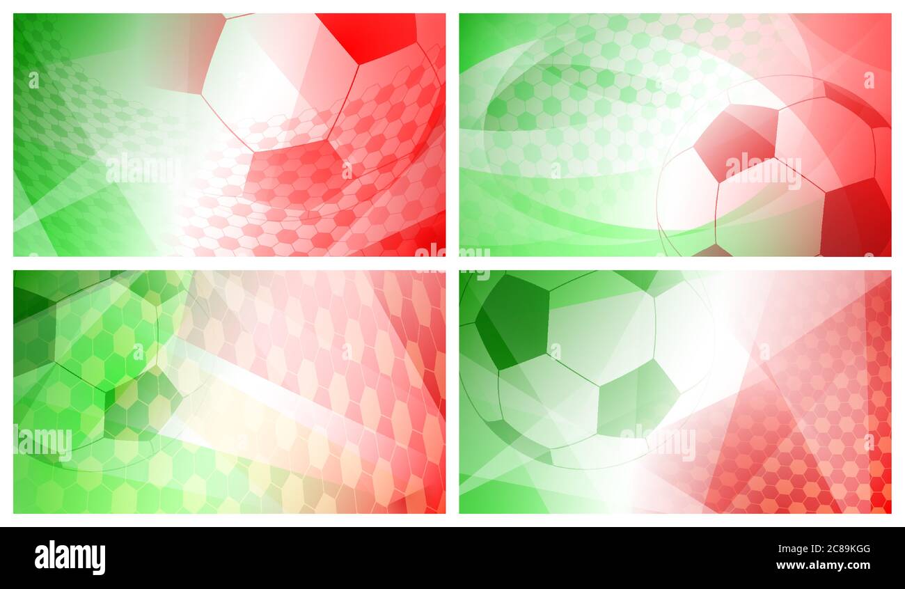 Set di quattro sfondi astratti di calcio o calcio con grande palla in colori nazionali di Italia o Messico Illustrazione Vettoriale