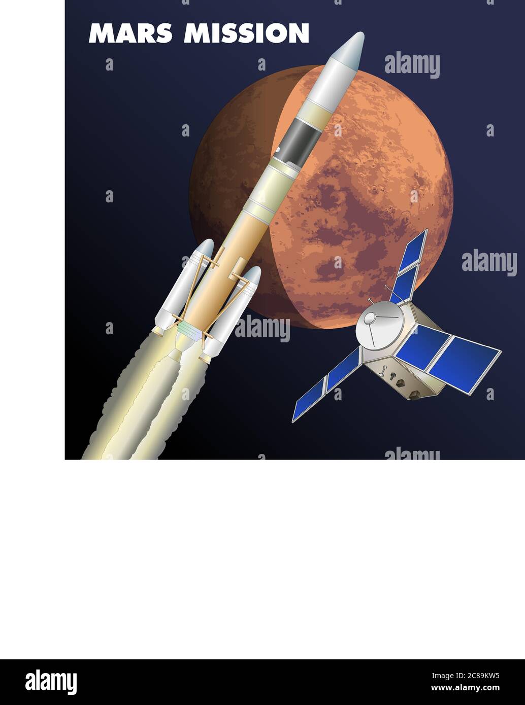 Missione di esplorazione di Marte, illustrazione grafica vettoriale, razzo, maree platearie e satellite scientifico Illustrazione Vettoriale