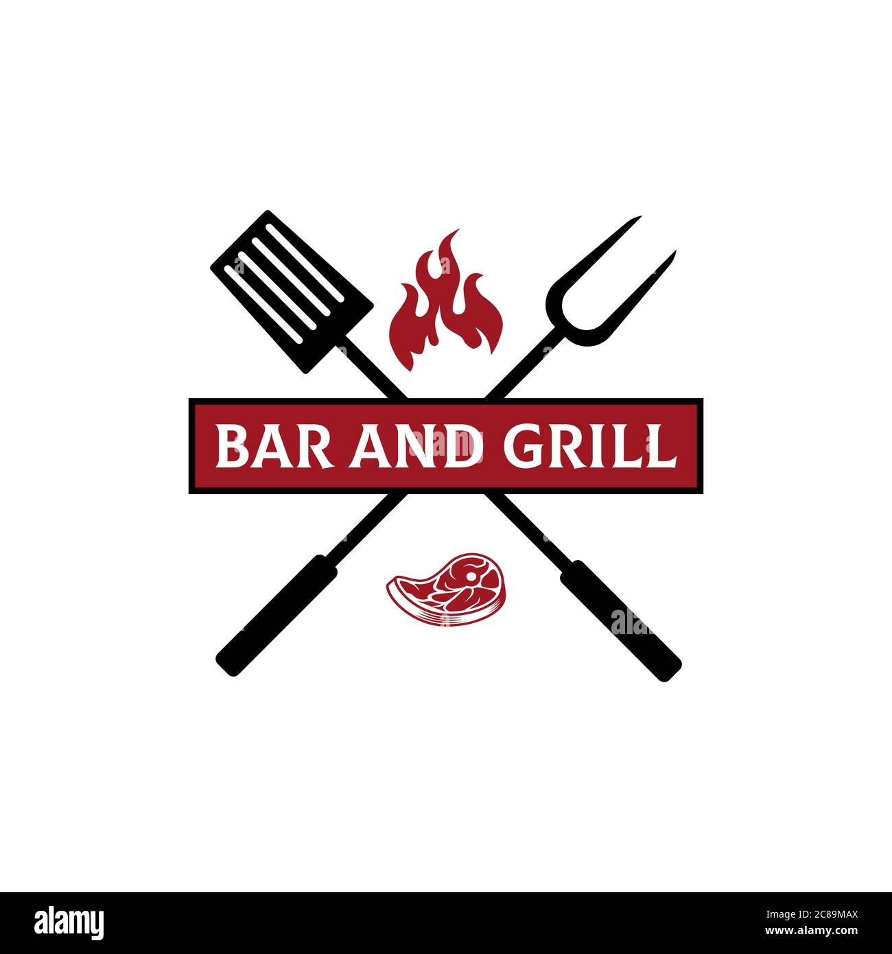 Il ristorante Bar and Grill, con il suo logo, è Grill and Bar con caminetto, carne, forchetta e spatola Illustrazione Vettoriale