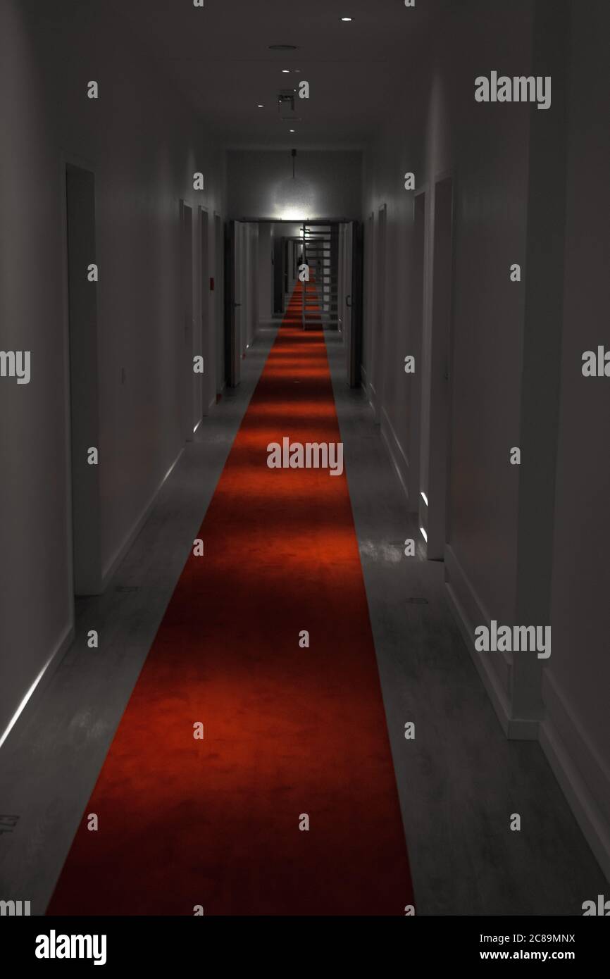 Corridoio lungo con tappeto rosso Foto stock - Alamy