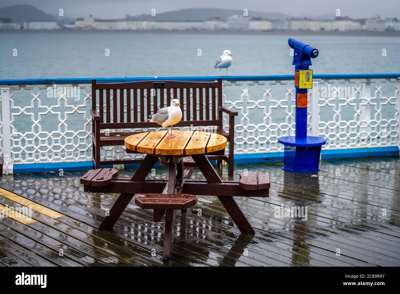 Wet Seaside Holiday - giorno piovoso a Llandudno nel Galles del Nord. Vacanza britannica bagnata. Foto Stock