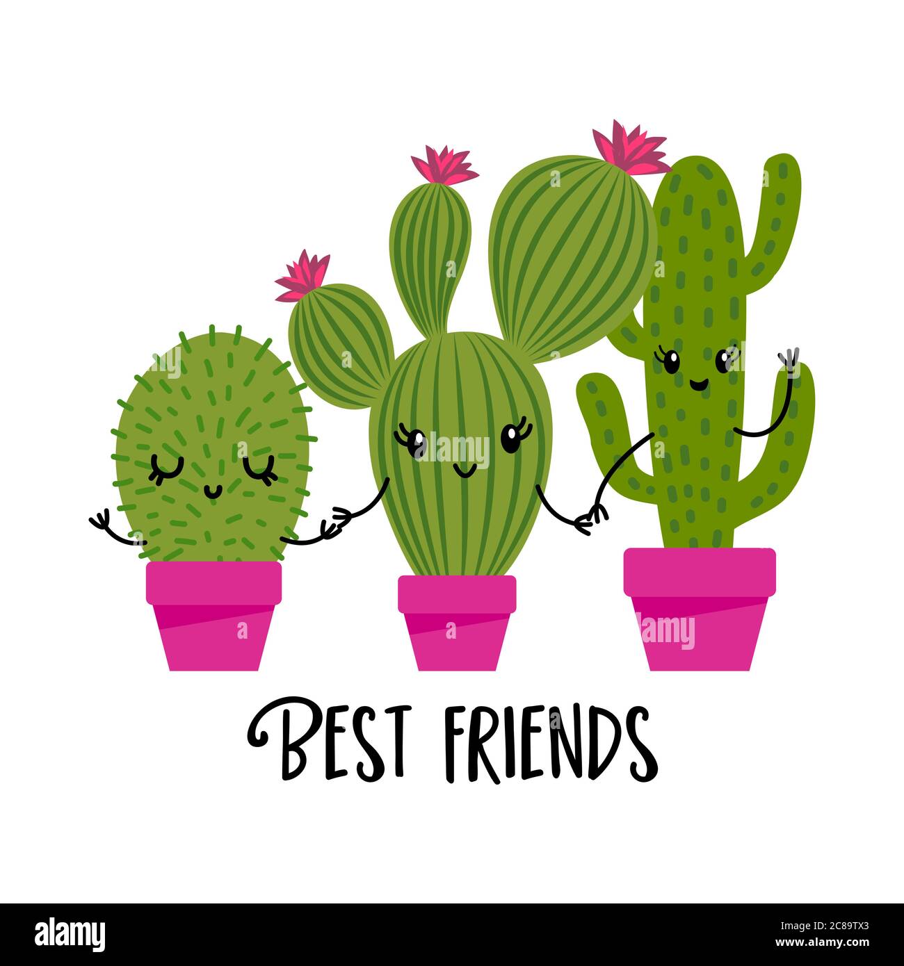 Migliori amici - Cute Hand Drawn cactus stampa con inspirational divertente citazione. Impianti messicani. Adorabile dire con tattili verdi. Poster estivo in stile Doodle Illustrazione Vettoriale