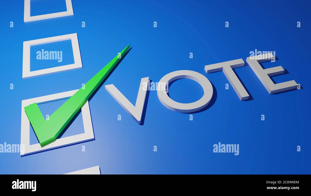 voto testo bianco con segno di spunta verde corretto in casella bianca vuota isolata su sfondo blu, rendering 3d. elezione generale, elezione locale, popolare Foto Stock