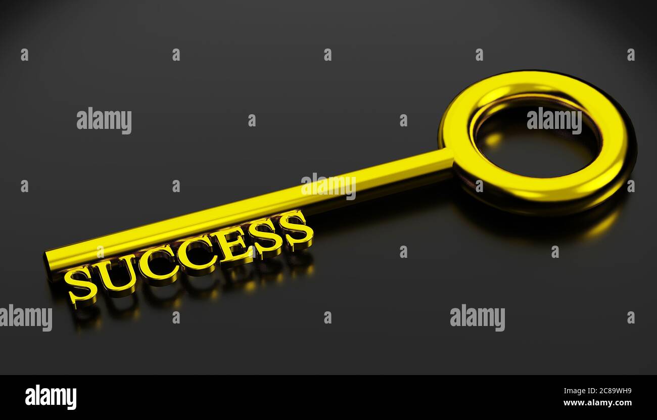 Chiave per il concetto di successo. Chiave dorata brillante per il successo isolato su colore nero con riflessione, rendering 3D Foto Stock