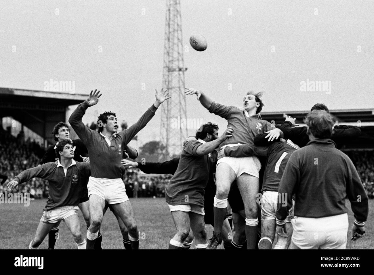 Llanelli RFC seconda fila Russell Cornelius e Phil possono competere per la palla in una fila contro il touring Nuova Zelanda All Blacks a Stradey Park, Llanelli, Galles il 21 ottobre 1980. Foto Stock