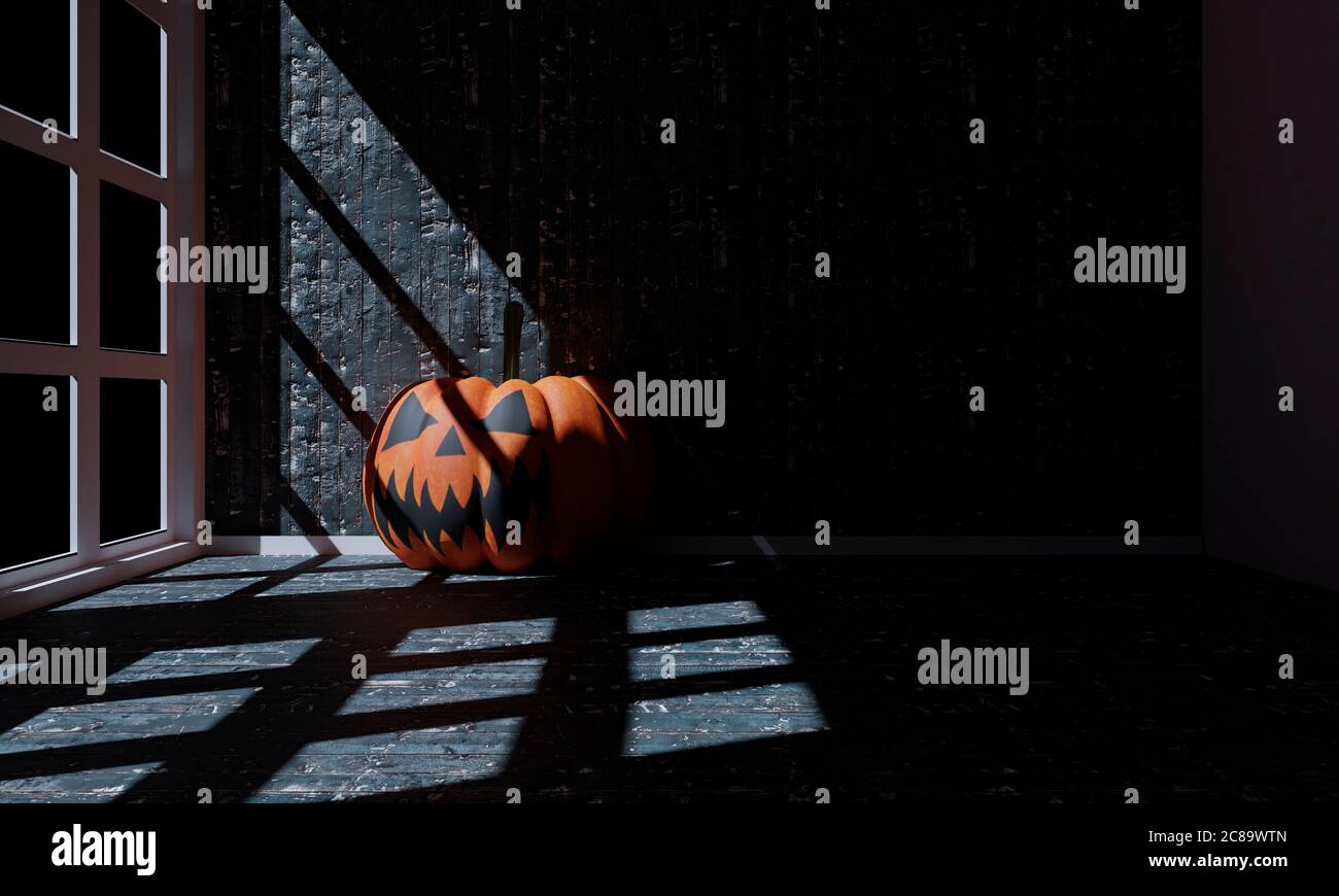 Illustrazione 3D della decorazione di Halloween del soggiorno. Rendering 3D . Scena notturna Foto Stock