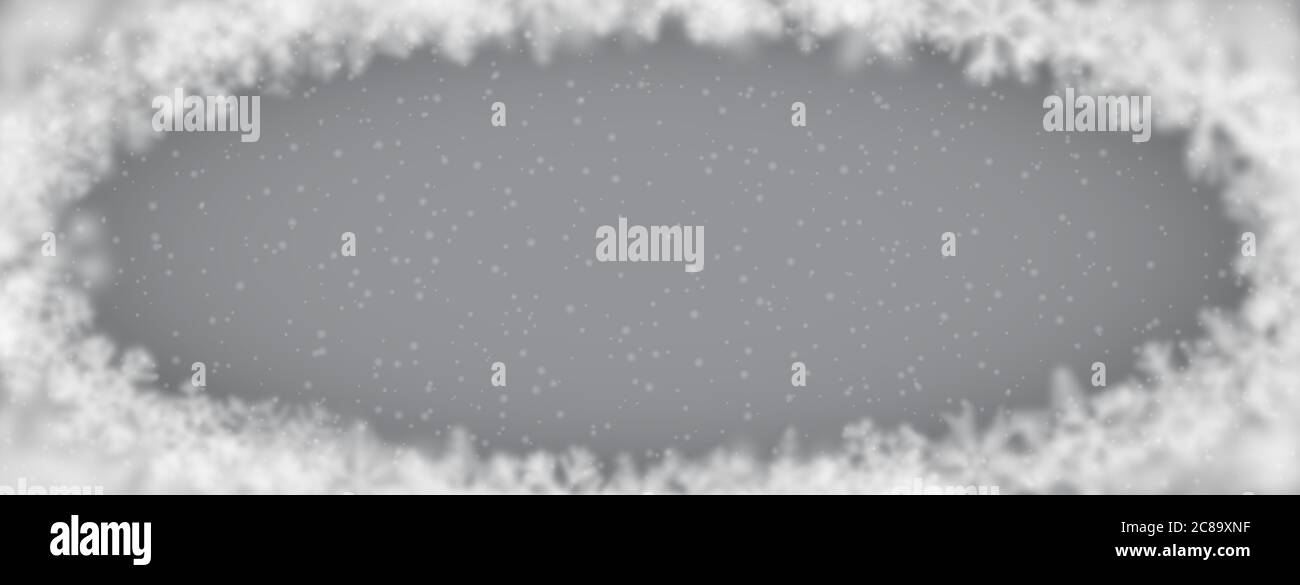 Sfondo natalizio di fiocchi di neve di diversa forma, sfocatura e trasparenza, disposti in un'ellisse, su sfondo grigio Illustrazione Vettoriale