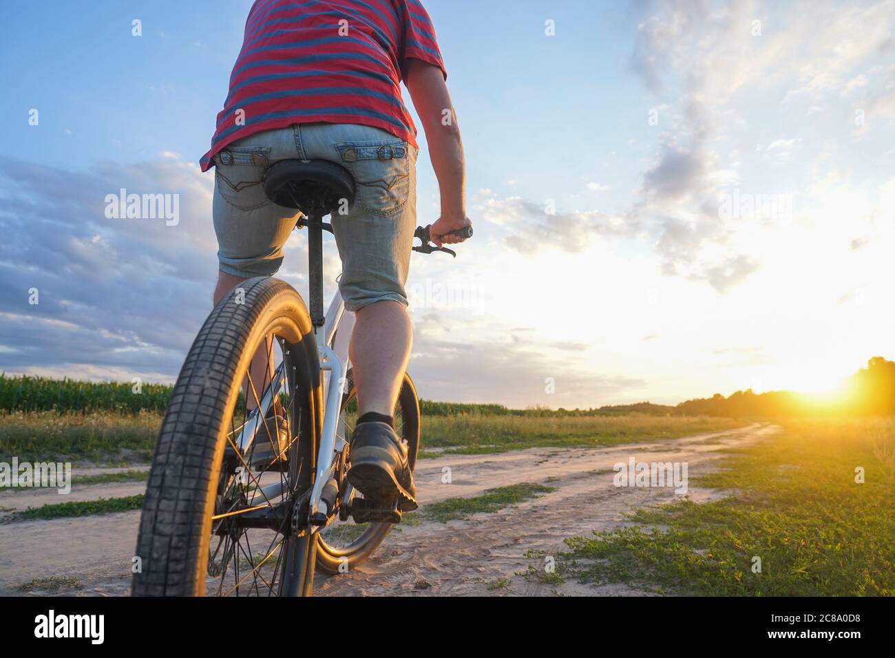 Un ragazzo su una mountain bike in una T-shirt rossa e con uno zaino corre su una strada sterrata al tramonto Foto Stock