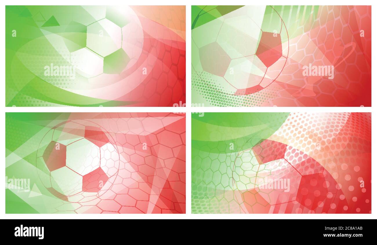 Set di quattro sfondi astratti di calcio o calcio con grande palla in colori nazionali di Italia o Messico Illustrazione Vettoriale