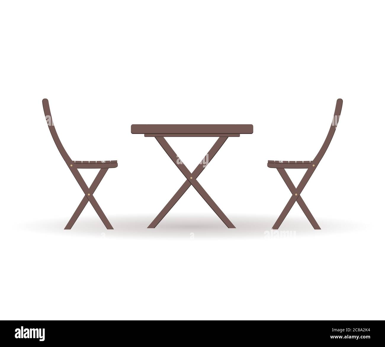 Mobili da giardino in legno o un set di mobili per il balcone: Un tavolo pieghevole e sedie isolati su uno sfondo bianco. Illustrazione vettoriale Illustrazione Vettoriale