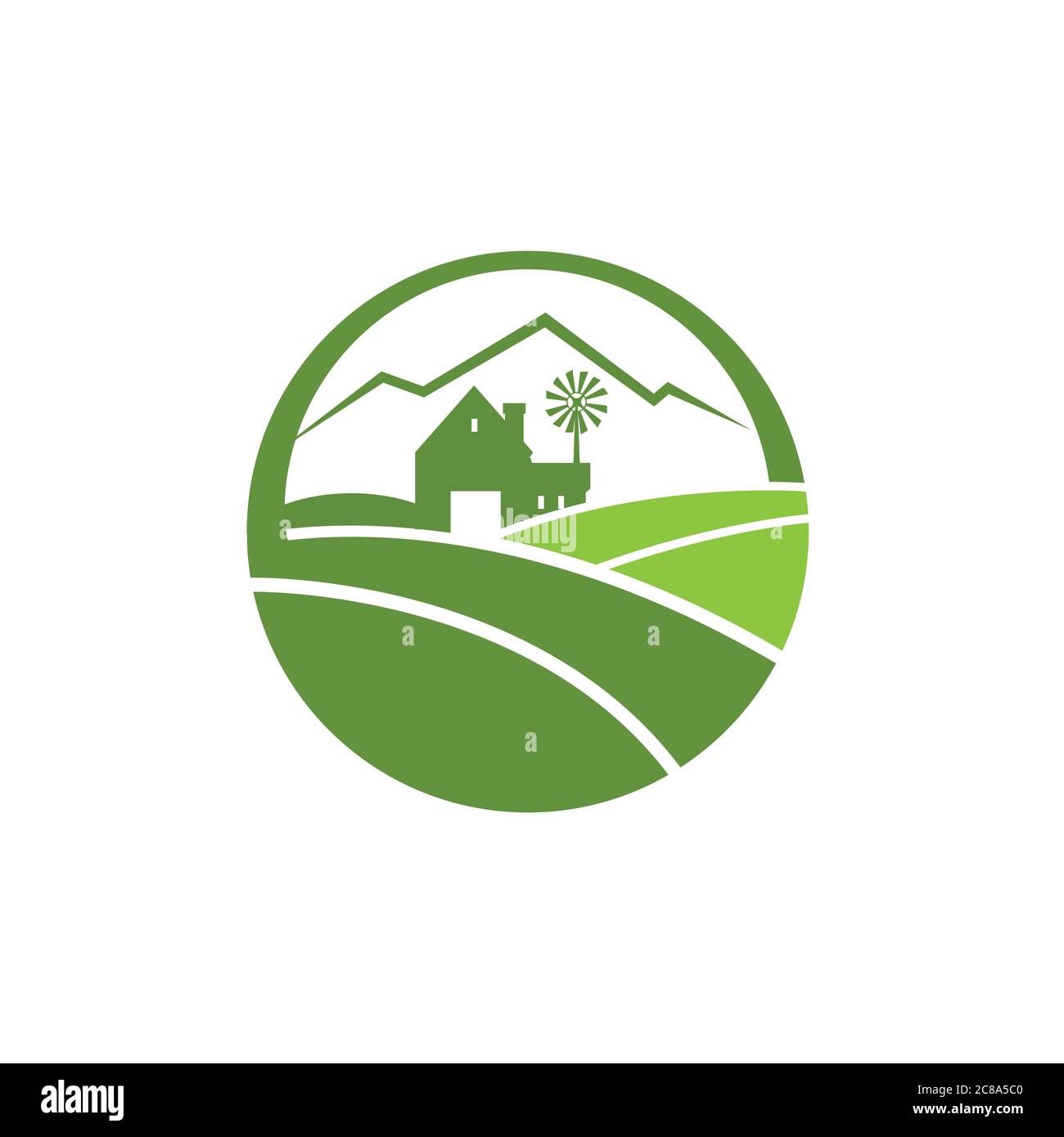 Logo agricolo con casa colonica e montagna sullo sfondo, illustrazione del logo agricolo e agricolo Illustrazione Vettoriale