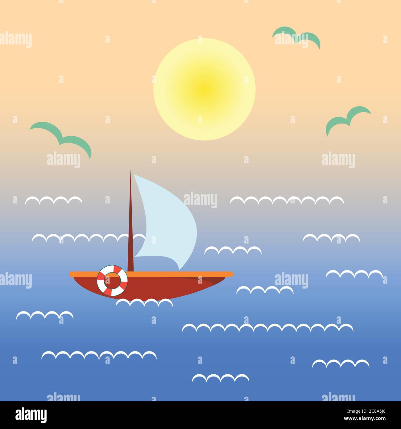 Barca sul tramonto. Paesaggio con nave, oceano, cielo, sole Illustrazione Vettoriale