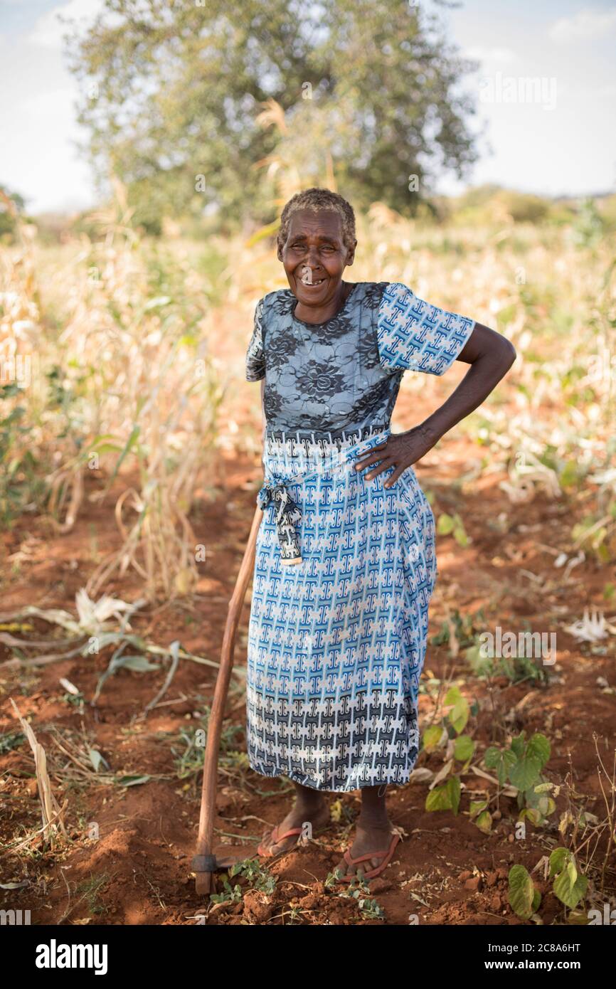 Regina Mwanganggi (65) è un coltivatore che lotta per aumentare il suo raccolto in una zona arida e infertile del Kenya. Progetto LWR Isaiah 58 - Contea di Makueni, Foto Stock