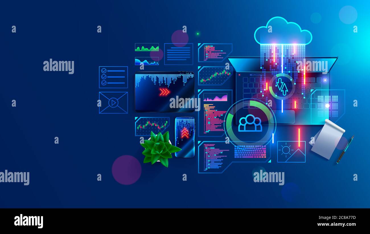 Codice programma creato sul laptop sul posto di lavoro del programmatore. Applicazione di codifica, ottimizzazione e test, sito su dispositivi mobili. Il testo del programma è composto da Illustrazione Vettoriale